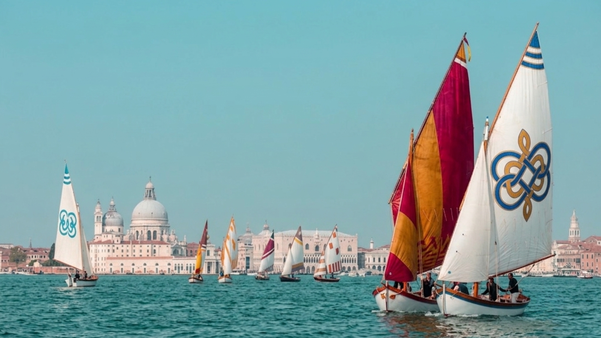 Barche a vela dai colori vivaci che navigano su acque azzurre, con lo skyline di Venezia sullo sfondo e la cupola di una chiesa tra gli edifici storici.