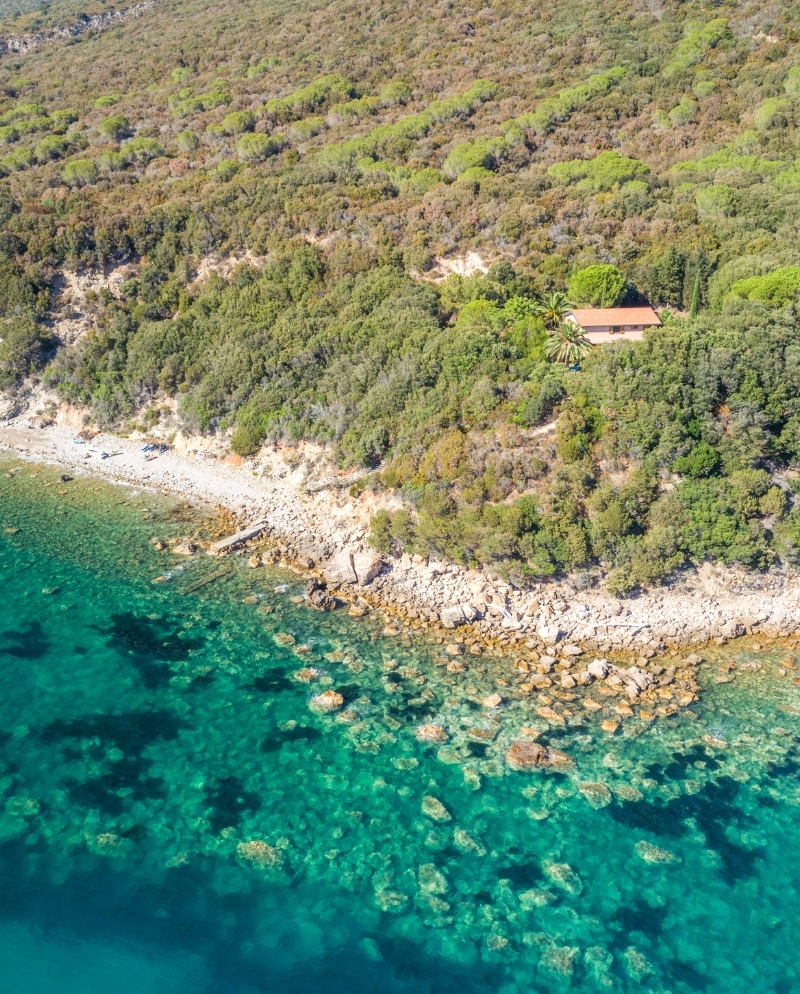 Vista aerea di una costa rocciosa immersa nel verde: acque turchesi che lambiscono una spiaggia di ciottoli, con una piccola casa dal tetto rosso tra gli alberi.