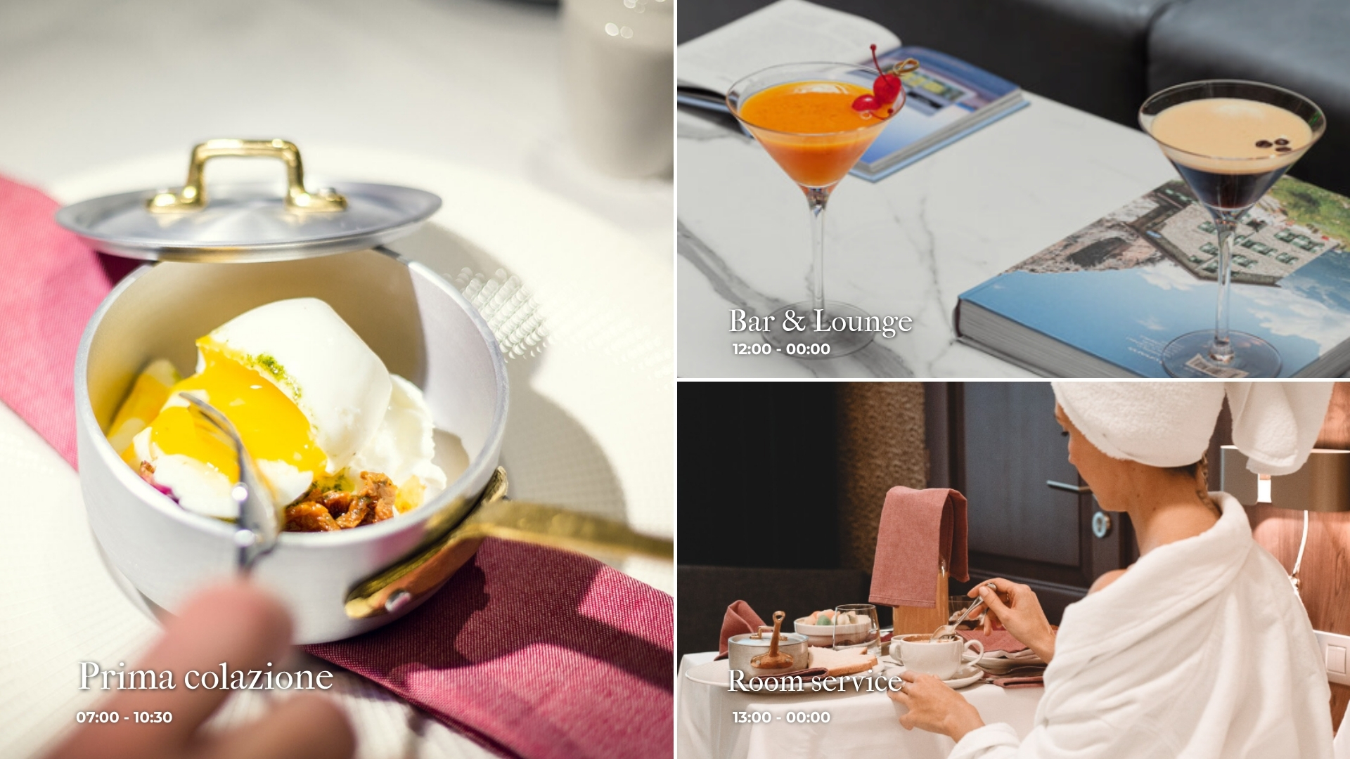Collage di tre scene: un dessert caldo servito in una piccola casseruola, due cocktail su un tavolo con riviste, e una persona in accappatoio durante un trattamento spa.