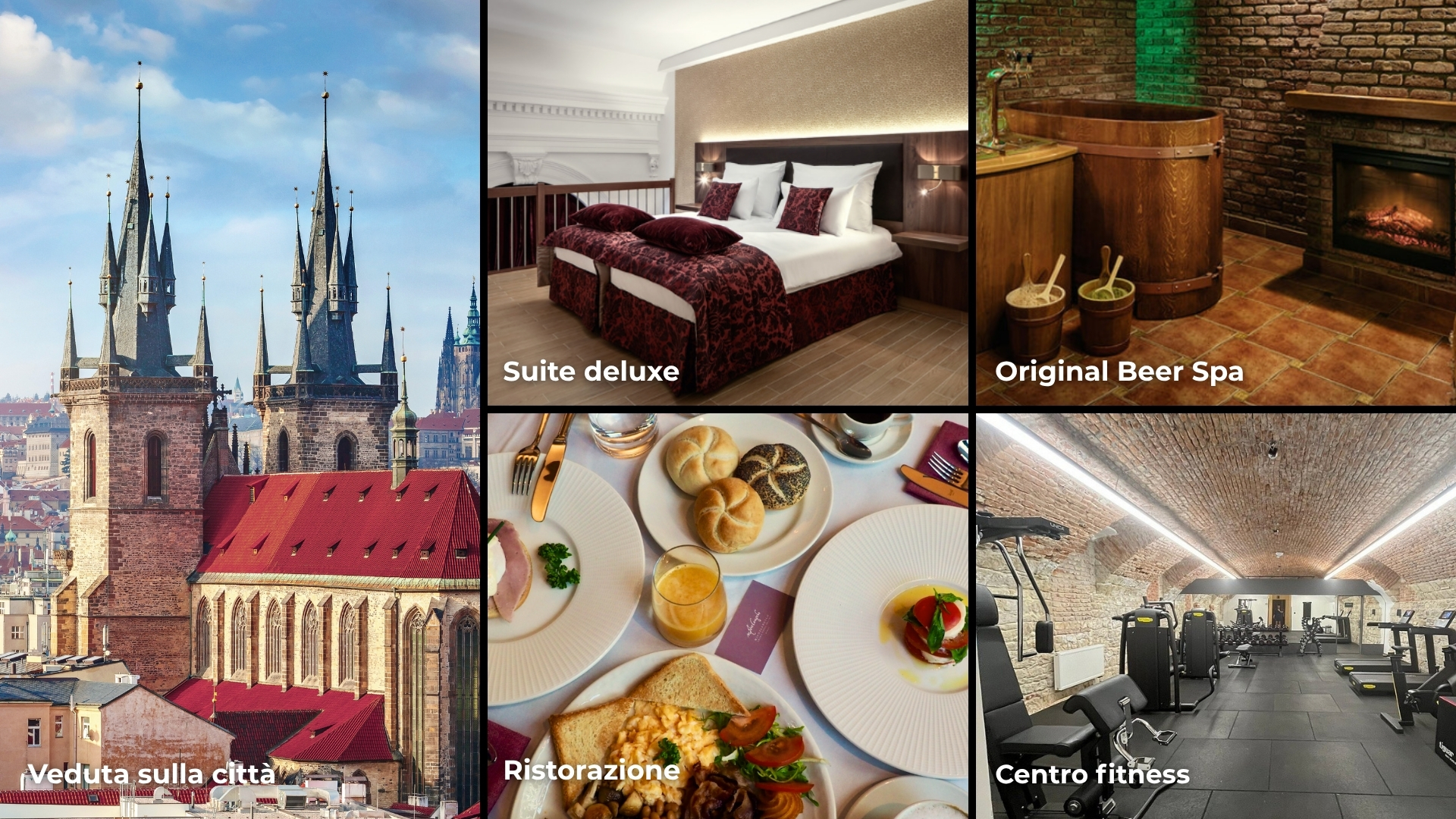 Collage di cinque immagini: una veduta della città con torri gotiche, una suite deluxe in una camera elegante, Original Beer Spa con barili e camino, piatti e cibo in stile ristorazione, e una moderna palestra.