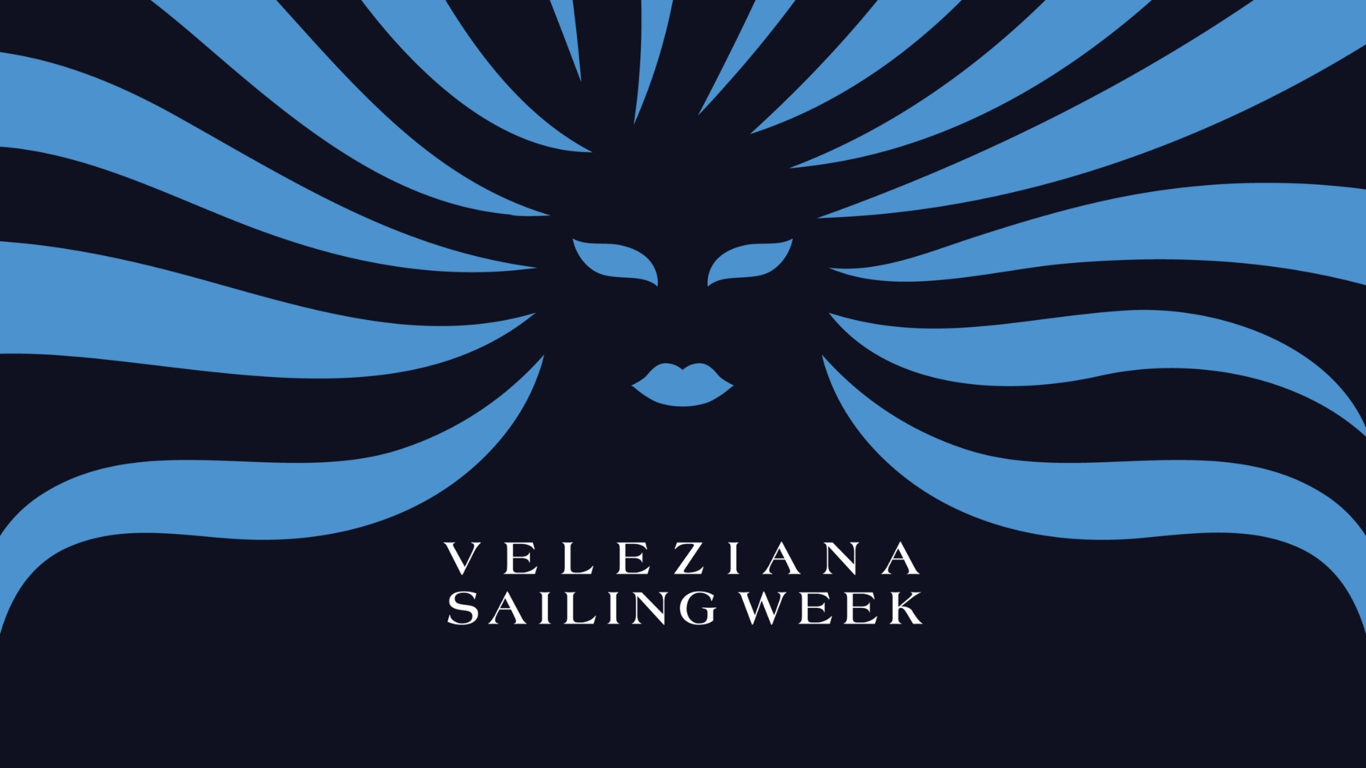 Illustrazione stilizzata di una figura scura con strisce azzurre a formare onde che si irradiano dalla testa, sullo sfondo blu scuro, con la scritta VELEZIANA SAILING WEEK al centro.