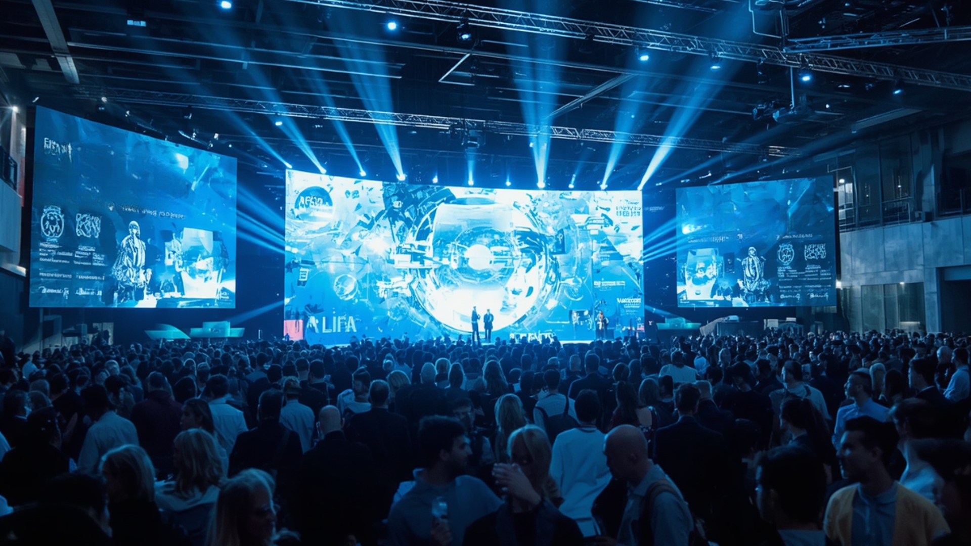 A large audience fills a dark conference hall, watching a stage presentation with blue lighting and multiple large screens displaying graphics.