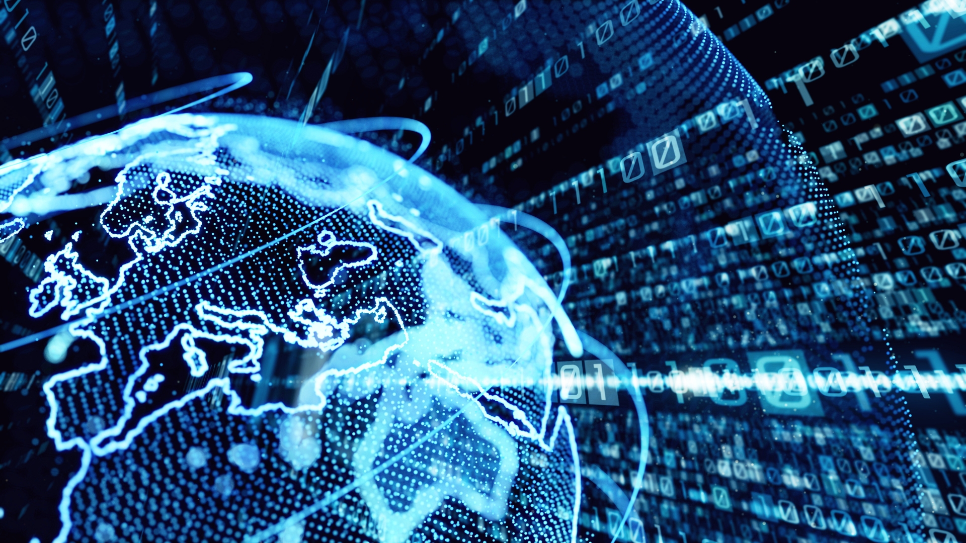 Blue digital globe with a glowing world map and streaming binary data surrounding it.