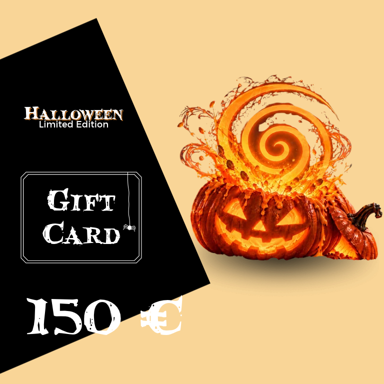 Halloween-Limited-Edition Geschenkkarte in Schwarz mit der Aufschrift Gift Card; daneben ein geschnitzter Kürbis mit einem spiralförmigen Lutscher vor hellem orangefarbenem Hintergrund, unten links steht 150 €.