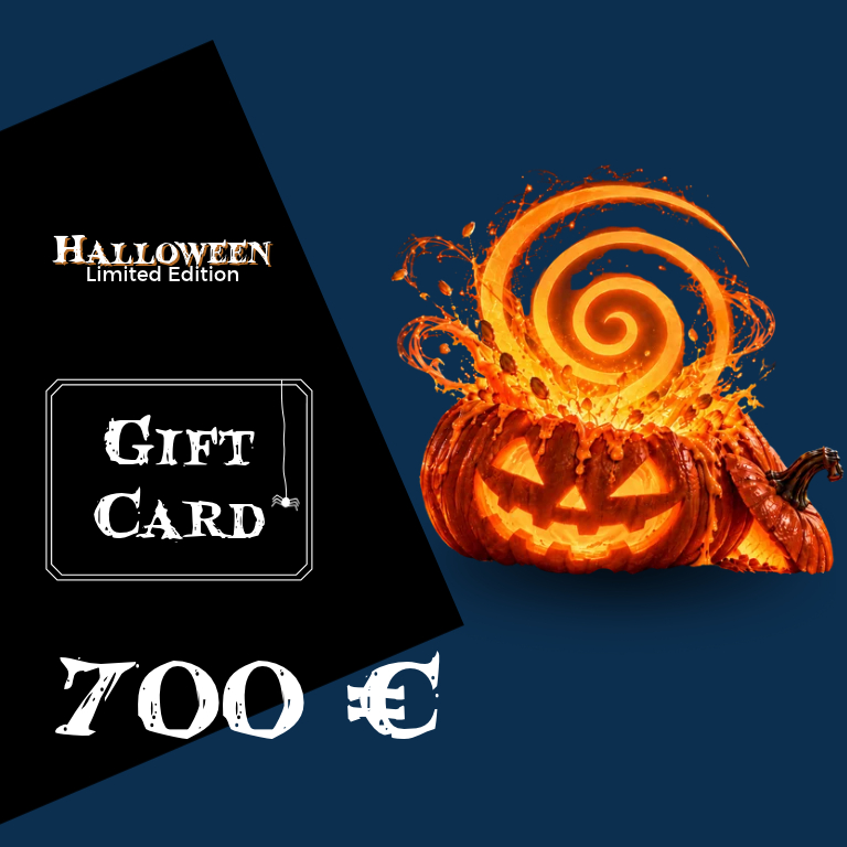 Halloween-Limited-Edition-Geschenkkarte mit der Aufschrift 'Gift Card' und '700 €', links, daneben eine leuchtende geschnitzte Kürbislaterne und eine orangefarbene spiralförmige Zuckerkreation vor dunkelblauem Hintergrund.