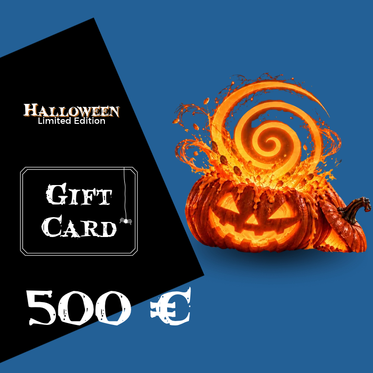 Eine Halloween-Geschenkkarte in Schwarz mit der Aufschrift Halloween Limited Edition und Gift Card, darunter die Zahl 500 €, daneben ein leuchtender Kürbis mit einer spiralförmigen Flammenspirale vor blauem Hintergrund.