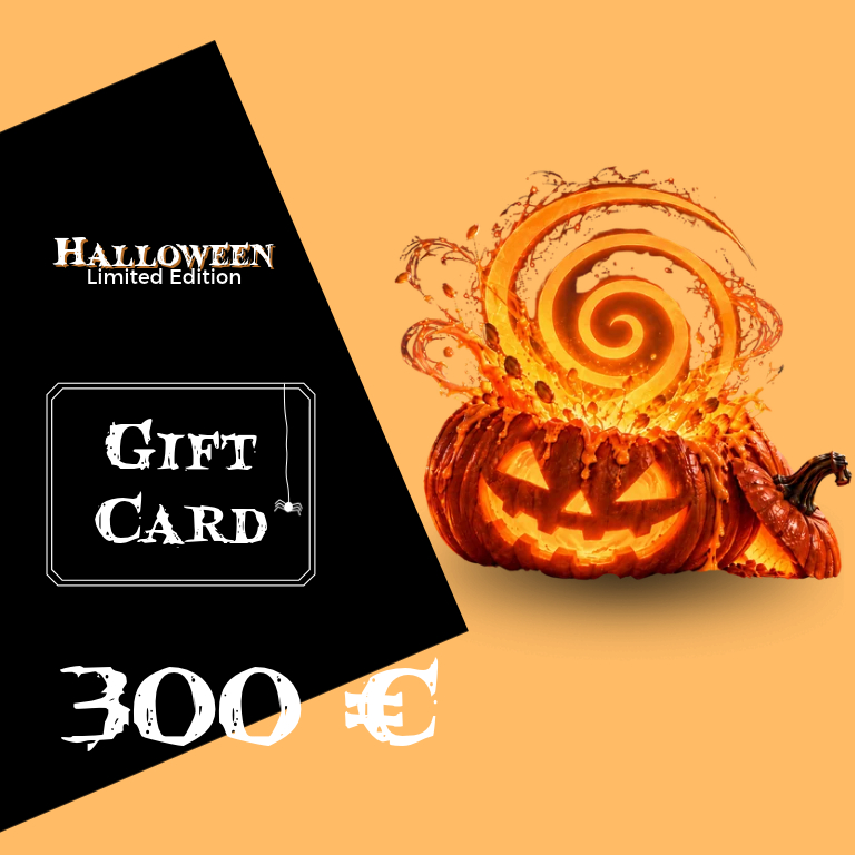 Halloween-Geschenkkarte in Schwarz mit der Aufschrift Gift Card und Limited Edition, 300 €, daneben ein leuchtender Kürbis mit spiralförmiger Lichterspirale vor orangefarbenem Hintergrund.